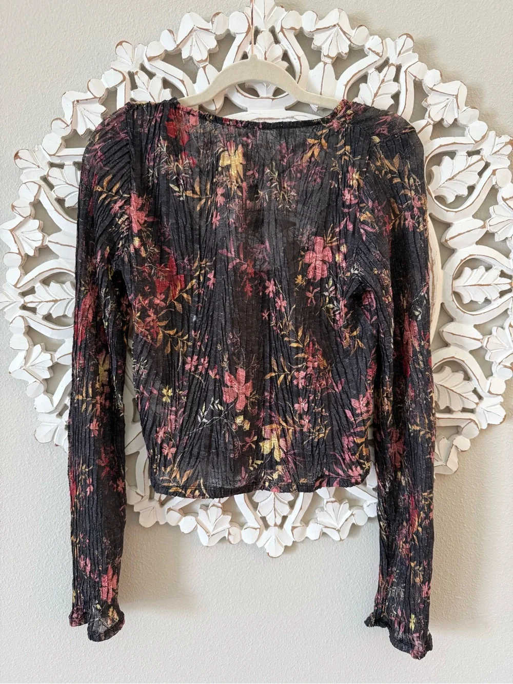 NWT Free People Angelina Crop Button Down Long Sleeve Top Black w Floral XL